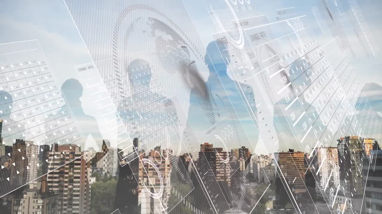 도시 풍경 위의 데이터 처리 애니메이션