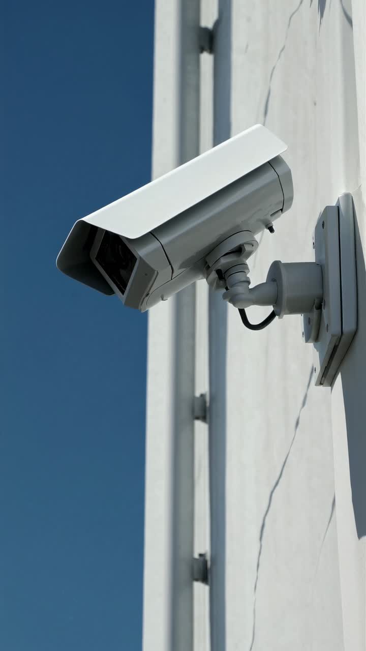 A security camera mounted on a white wall, angled upwards against a clear blue sky