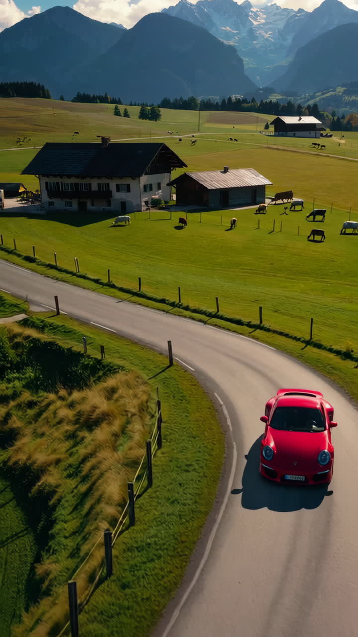 Red Car on Scenic Mountain Road, Swiss Countryside