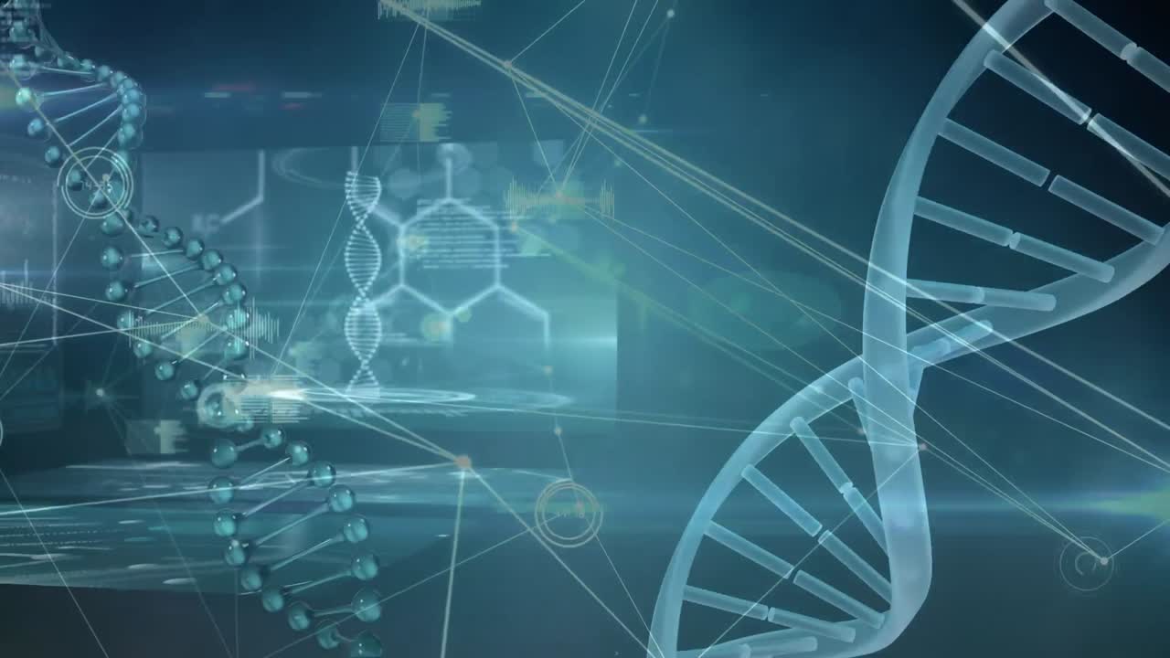 Animation of dna strand spinning over scientific data processing on blue background