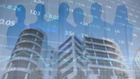 animation of diagrams and stock market over silhouettes of business people and cityscape