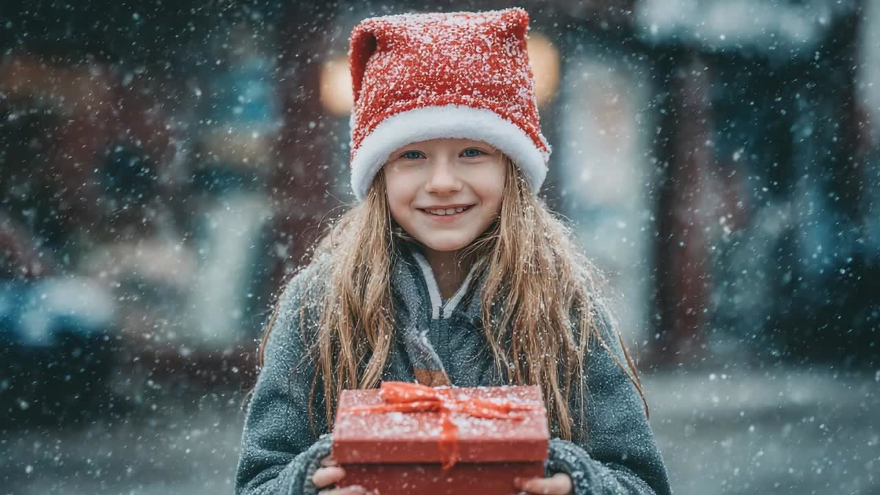 Young girl in snow holding a gift during winter celebration