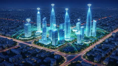 aerial view of a futuristic cityscape with connected skyscrapers: showcasing digital networks and wireless technologies illuminating the urban landscape at night