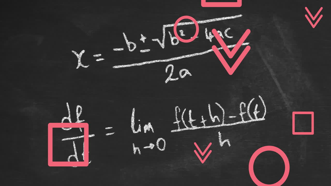 Animation of mathematical equations over red shapes on black background
