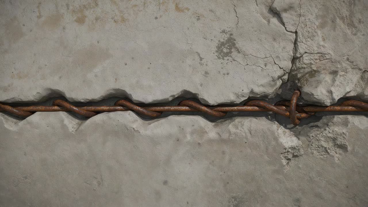 Shifting viewpoint revealing rusted twisted metal rod in shallow concrete groove to show tied loop