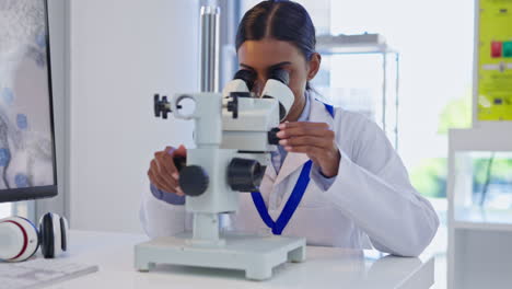 Medical,-microscope-check-and-woman-science