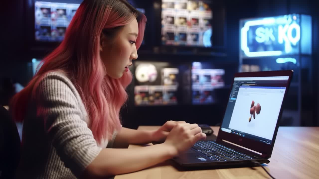 A Young Woman Engaged in Digital Art Creation, Skillfully Manipulating 3D Models and Coding on Her Laptop in a Modern, Creative Studio Environment