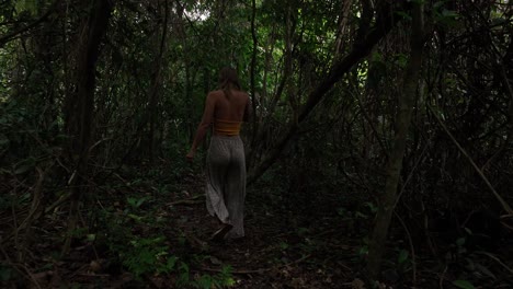 traveler woman walking through the tropical rain jungle forest