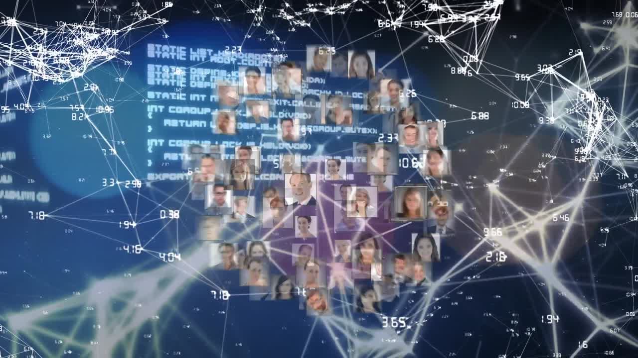 Animation of globe of network of connections with people's photos and data processing
