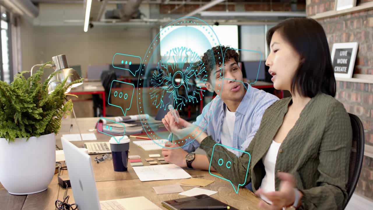 Woman tapping tablet, colleagues leaning and discussing, AI overlay guiding design decisions