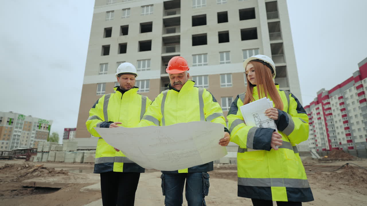 el equipo de ingeniería está inspeccionando el sitio de construcción el capataz está viendo el plan de construcción en papel