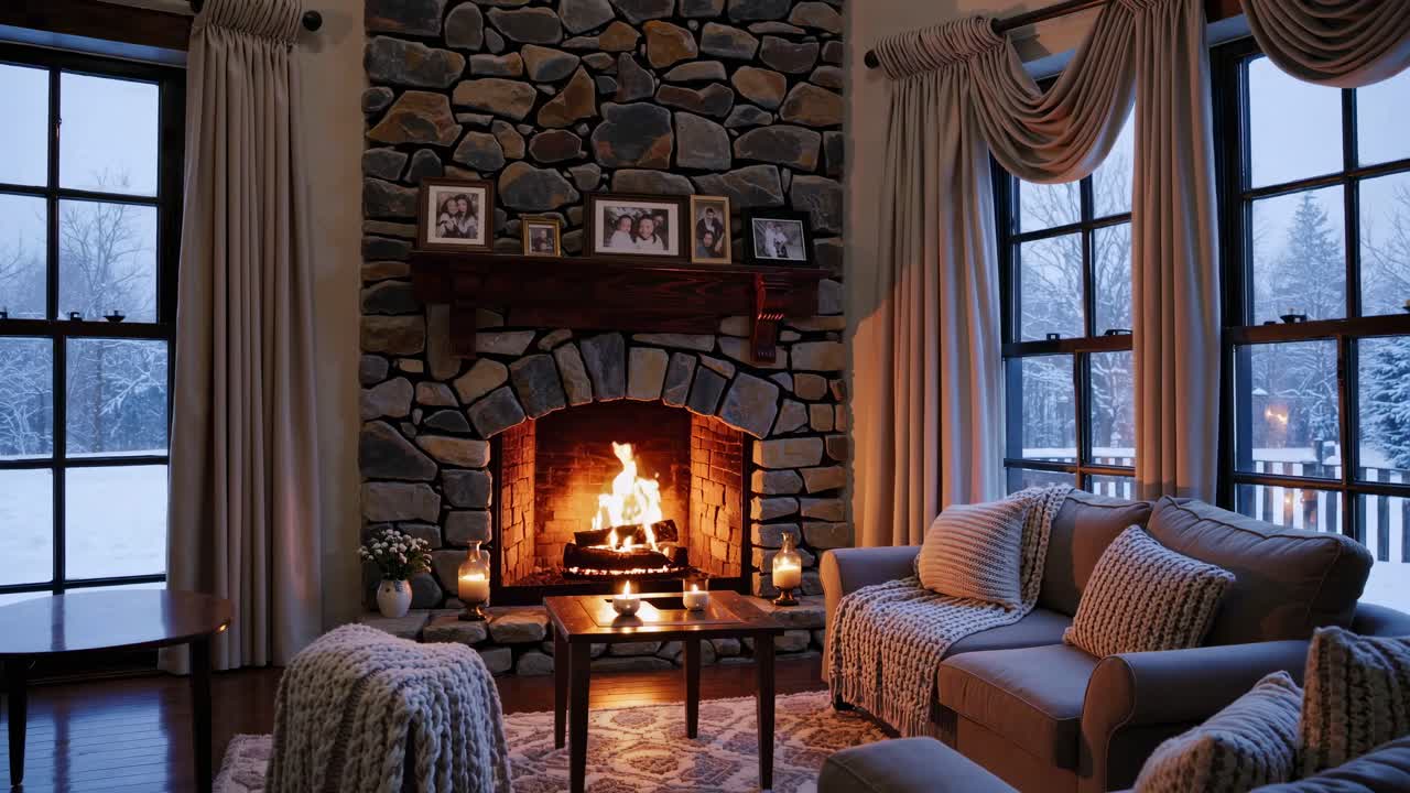 Cozy living room with a stone fireplace, captured from a wide-angle view