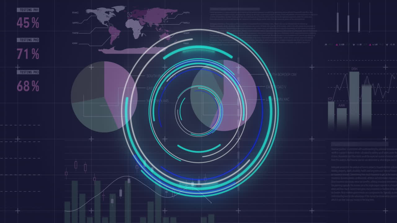 animación del escáner redondo y el procesamiento de datos estadísticos contra un fondo azul