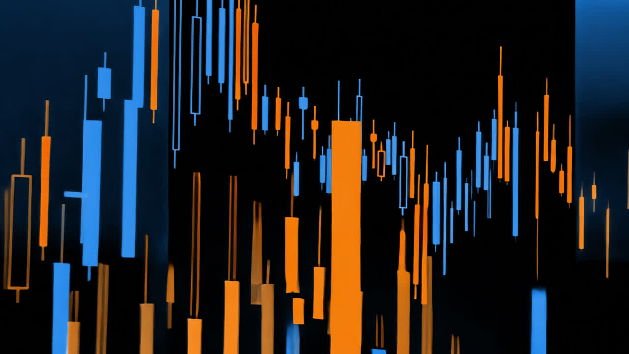 Abstract financial chart with blue and orange candlesticks animated overlay, transparent 4K video