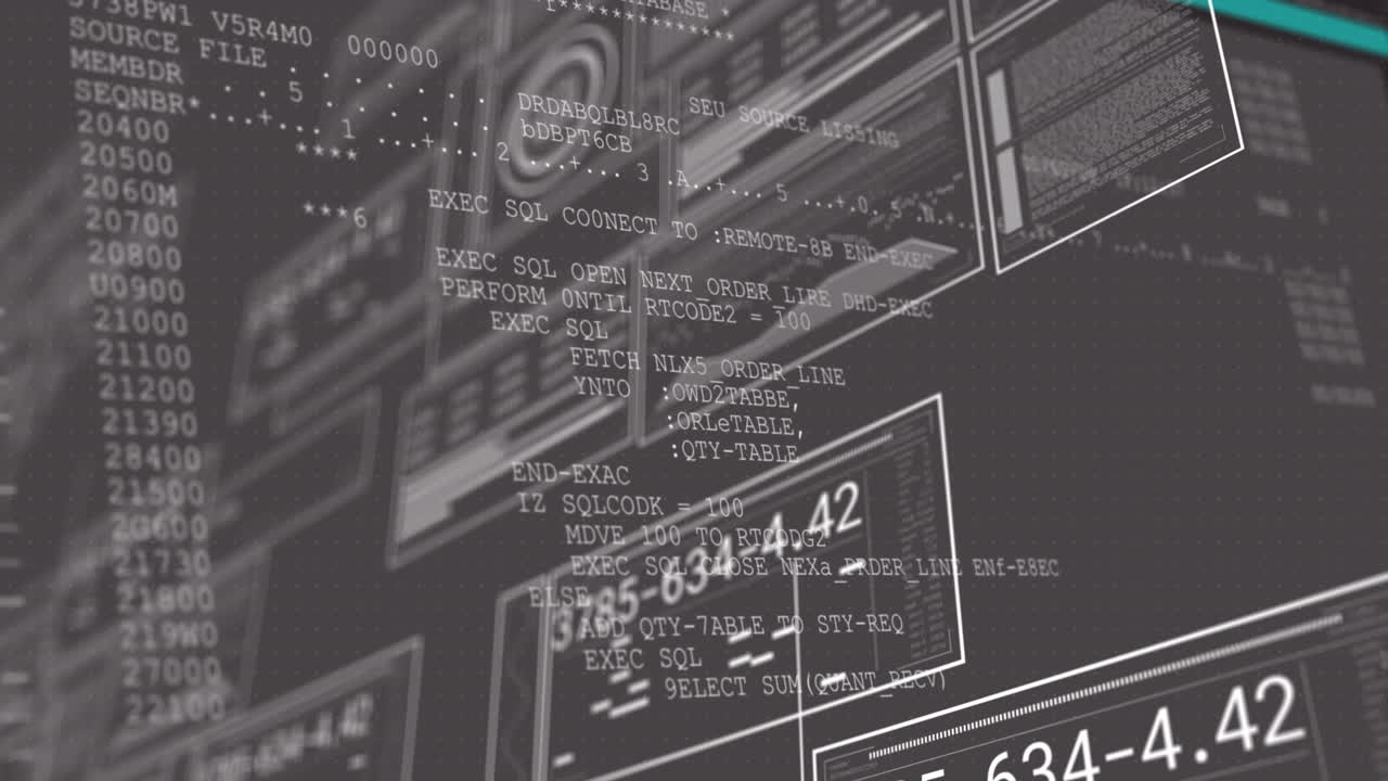 Animation of neon shapes in seamless pattern over interface with data processing on black background