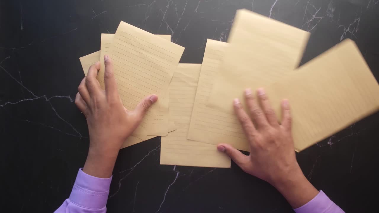 검은 대리석 테이블 에 라인 된 종이 를 배열 하는 사람