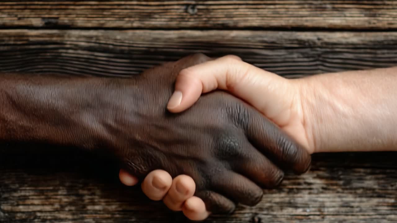 A Powerful Symbol of Unity and Understanding: Two Hands of Different Skin Tones Coming Together in a Firm Handshake, Representing Diversity and Mutual Respect