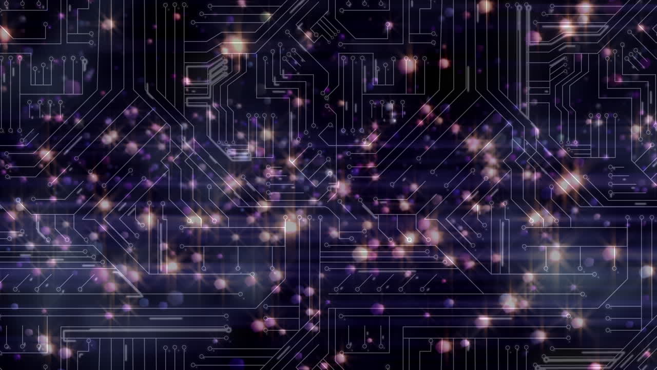 Animation of lights floating over integrated circuit over violet background