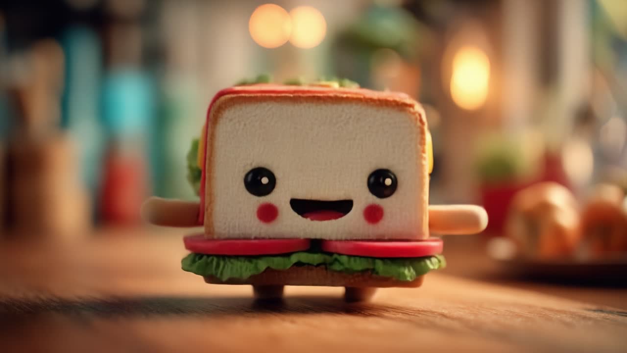 Un personaggio sandwich giocoso e adorabile che porta gioia e fantasia in cucina, caratterizzato da accenti colorati di lattuga e pomodoro e una deliziosa espressione felice.