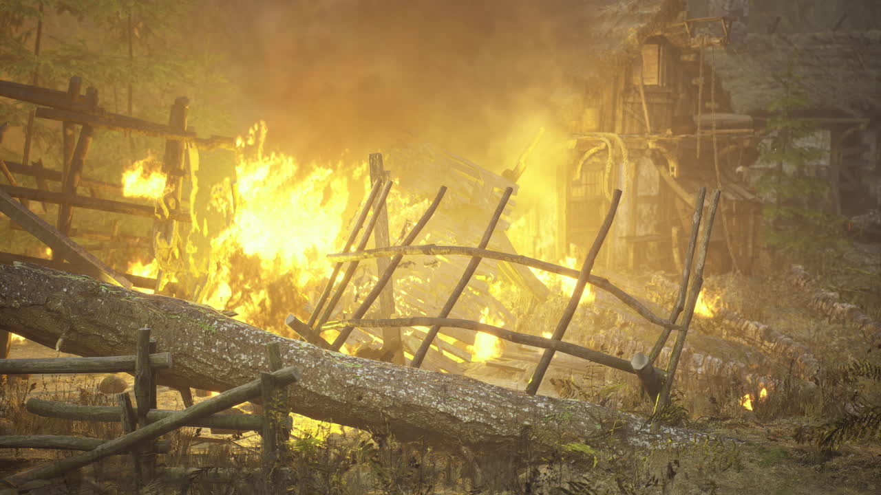 Raging wildfire consumes forest area and structures during daylight hours