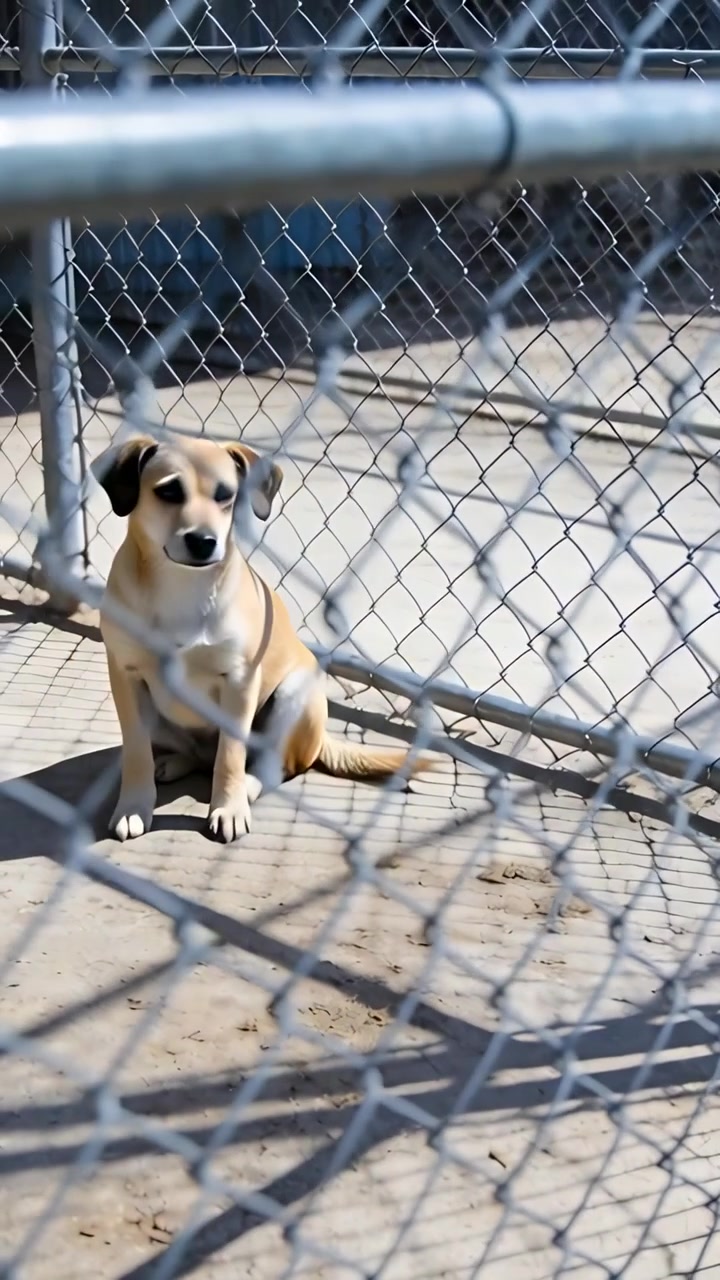 Video vertical: Cachorro blanco y tostado caminando a lo largo de la valla en un recinto para perros, mostrando las sombras de la malla.
