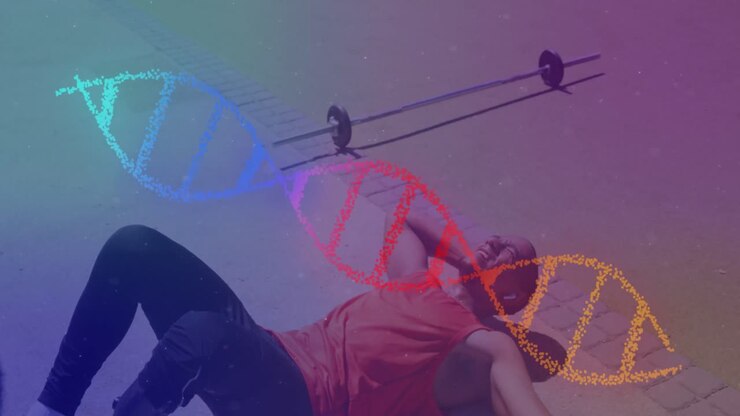 Animazione di filamento di DNA colorato su atleta uomo che si riposa dopo l'allenamento all'aperto.