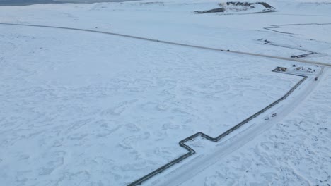 aerial perspective of icelandic infrastructure, winter time in the north