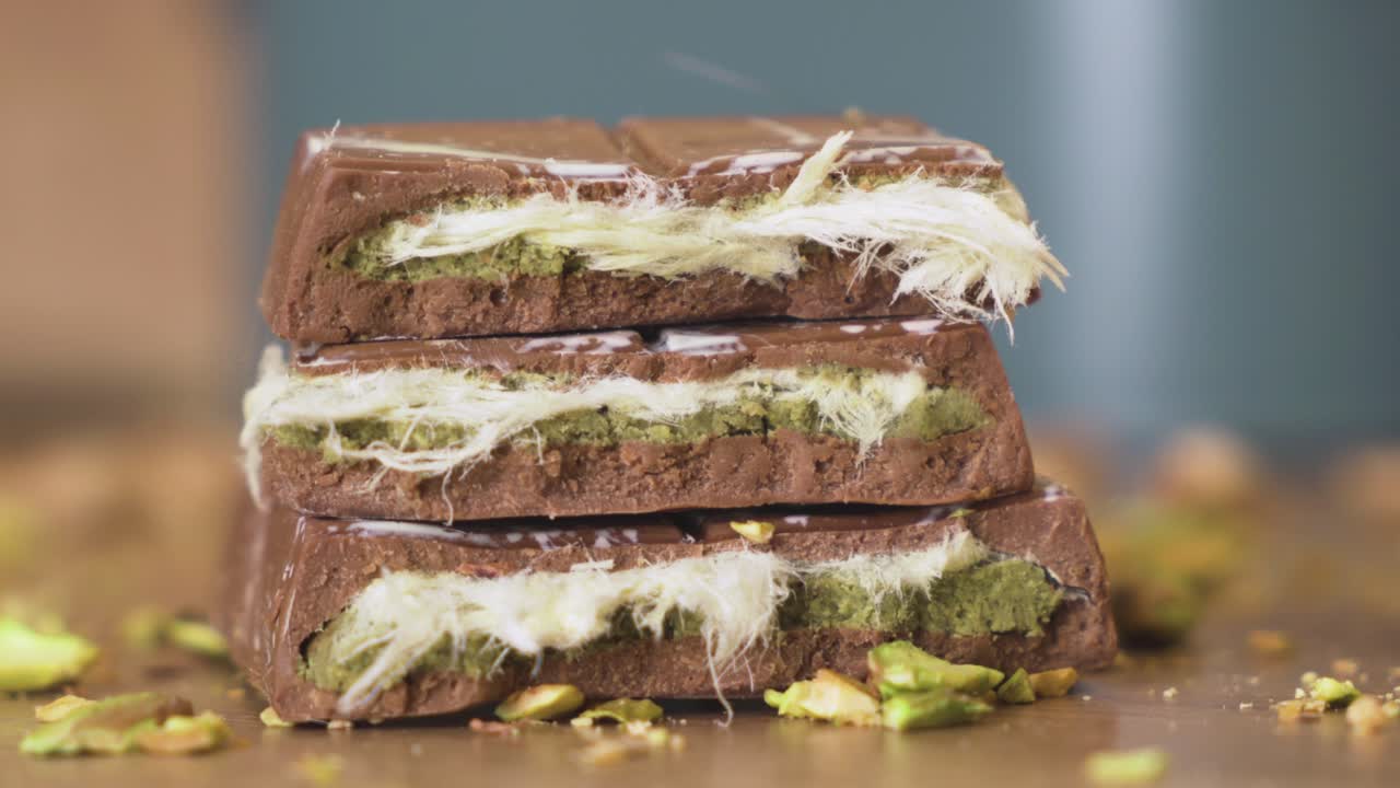 High resolution macro of Dubai chocolate surface with a crunchy crushed pistachio finish captured with cinematic lighting