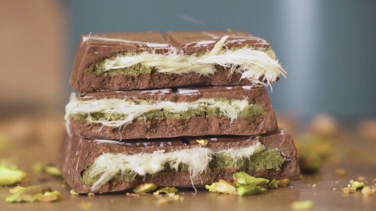 High resolution macro of Dubai chocolate surface with a crunchy crushed pistachio finish captured with cinematic lighting