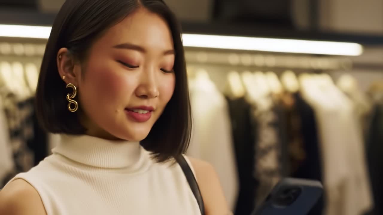 A Fashionable Individual Engaged in Shopping with a Smartphone in a Stylish Retail Environment Surrounded by Elegant Clothing Options