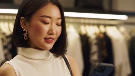 a fashionable individual engaged in shopping with a smartphone in a stylish retail environment surrounded by elegant clothing options