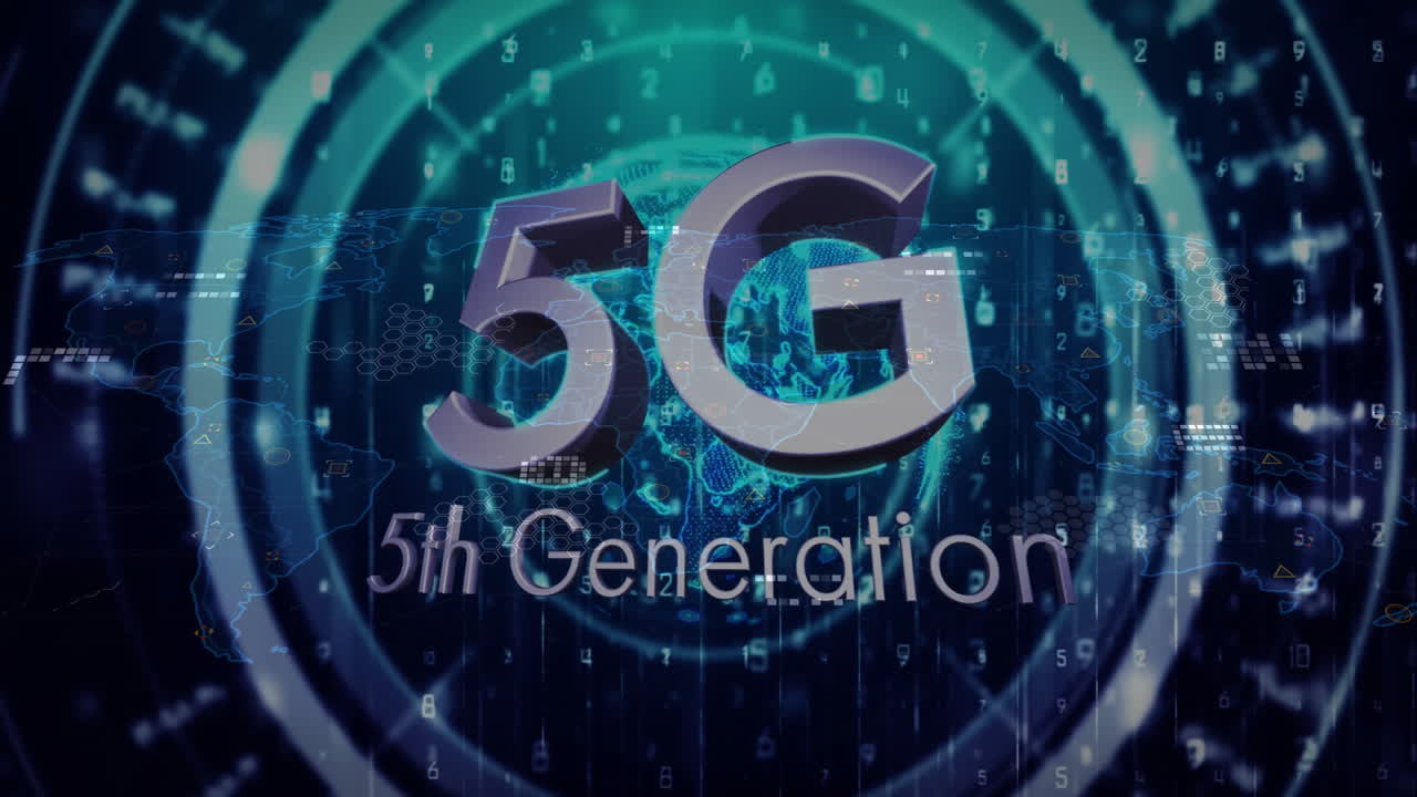 5g: animación de texto de quinta generación a través del mapa mundial digital y la red de datos.