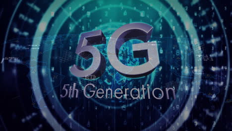 5g: animación de texto de quinta generación a través del mapa mundial digital y la red de datos.