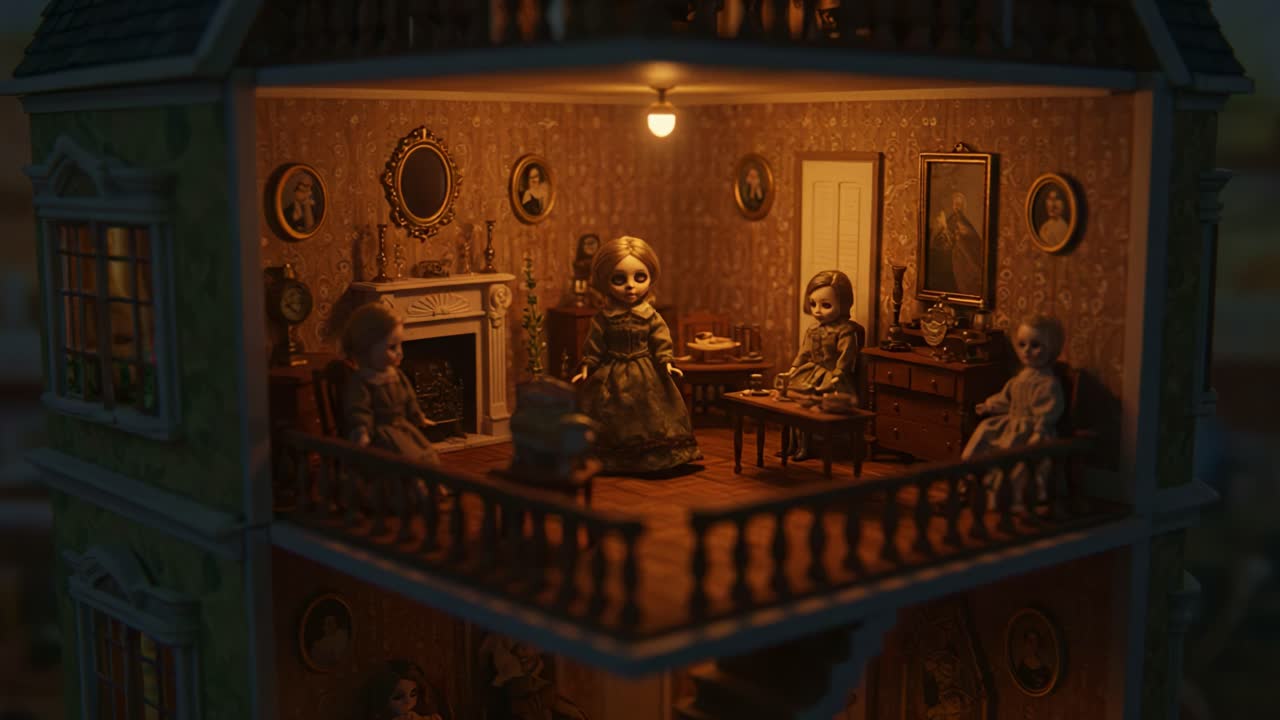 Intricate and Eerie Dollhouse Interior with Vintage Dolls at Night, Illuminated in Warm Light, Capturing a Haunting Yet Nostalgic Atmosphere in Every Detail