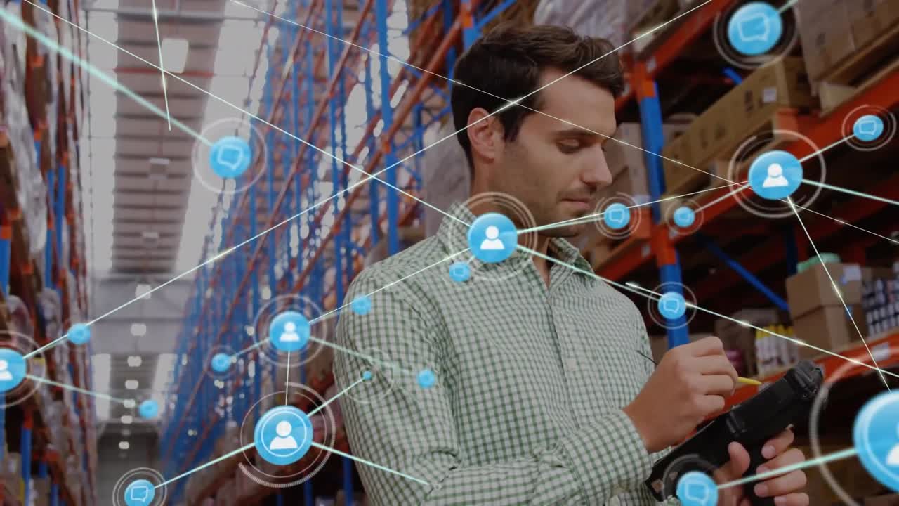 animación de la red de conexiones con iconos sobre diversos trabajadores en el almacén