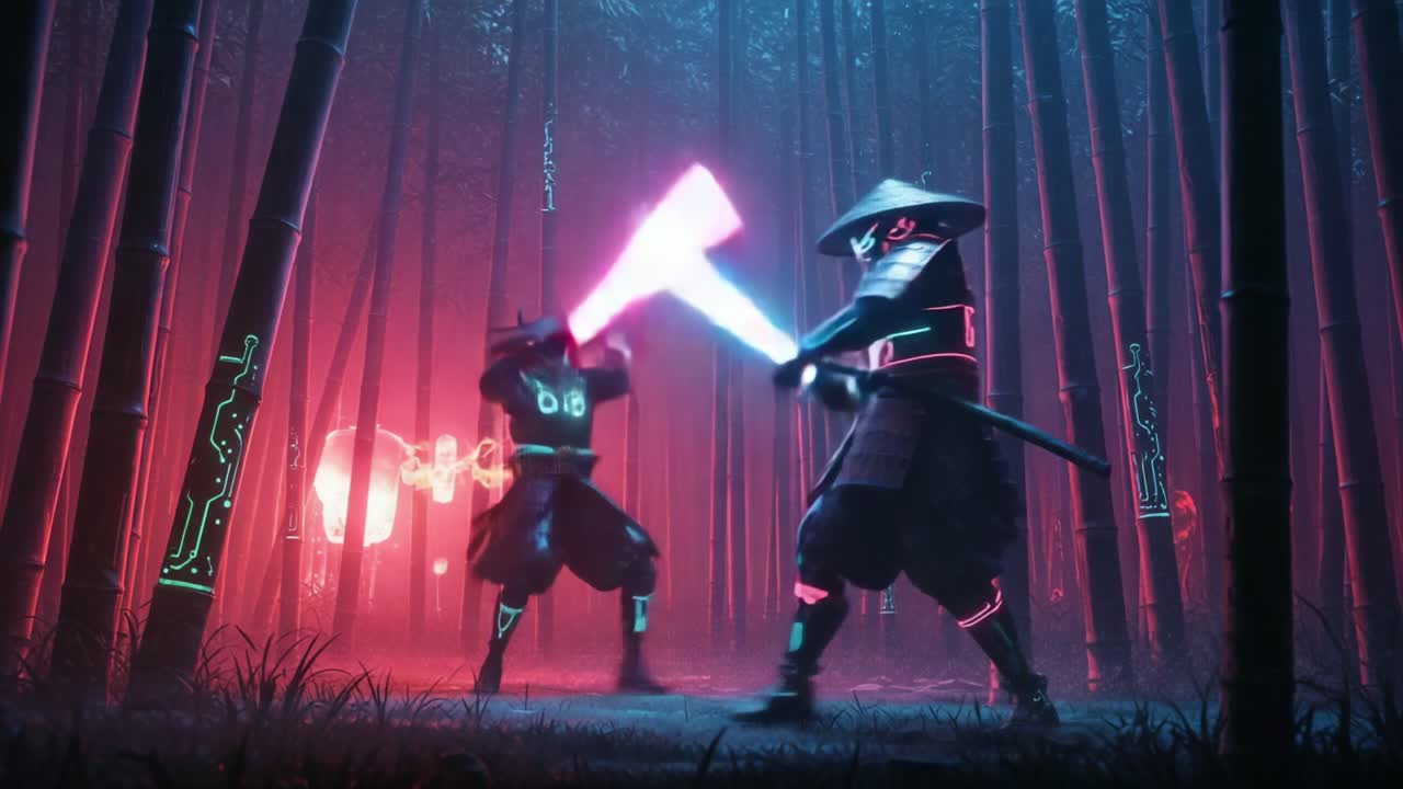 A Dynamic Showdown Between Two Neon-Illuminated Samurai Warriors in an Enchanting Bamboo Forest, Battling with High-Tech Swords Amidst Glowing Orbs