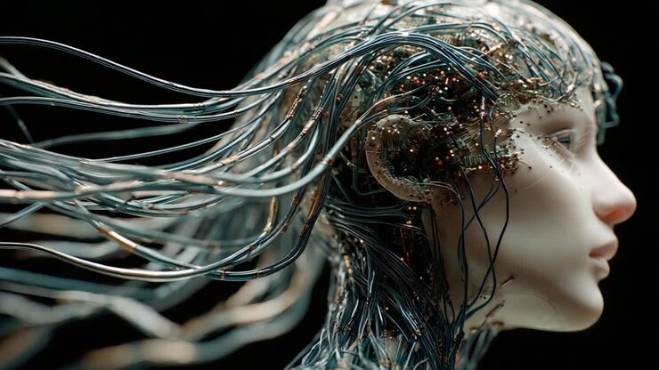 Primo piano di una testa di cyborg futuristica con cavi e circuiti complessi. Esplorare l'intersezione tra tecnologia e umanità