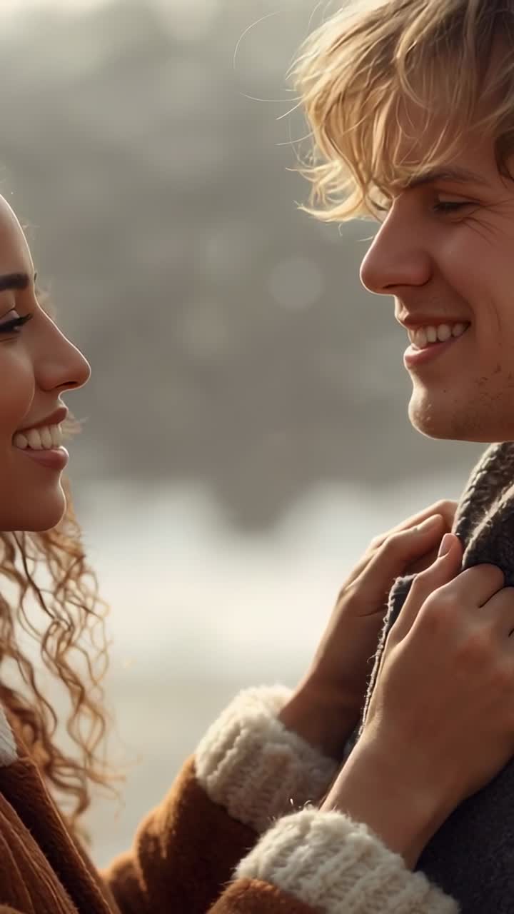 Vertical video: Reaching woman placing knit cuffs on man's collar by lake, eliciting man's smile