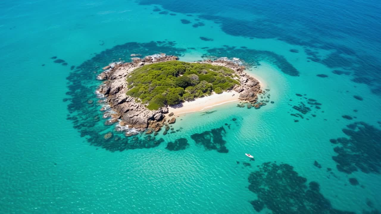 Aerial View of a Serene Island Surrounded by Crystal Clear Waters, Showcasing Lush Greenery and Unique Rock Formations in a Tropical Paradise Setting