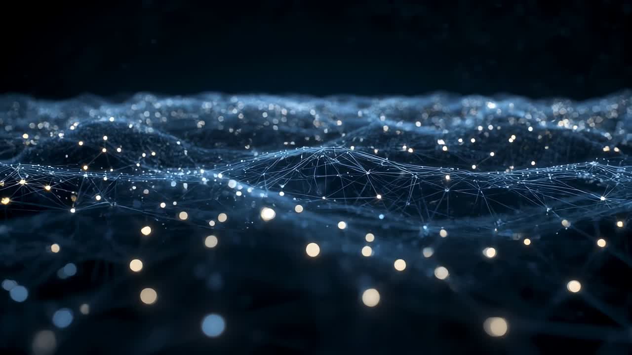 Pulsing node mesh with thin lines rippling over dark void with waves moving, visualizing data