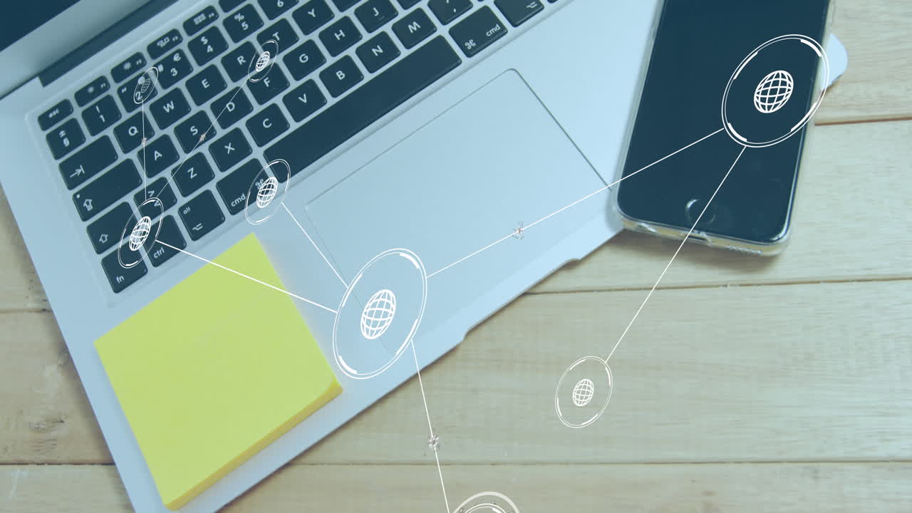 animación de la red de conexiones con iconos sobre portátiles y teléfonos inteligentes