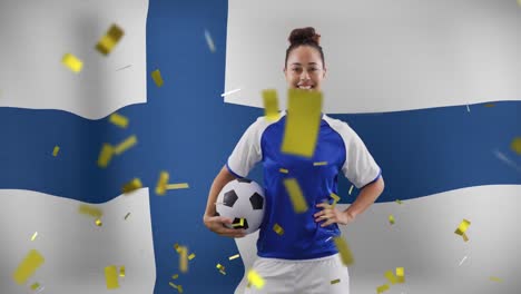 animation of biracial female soccer player over flag of finland