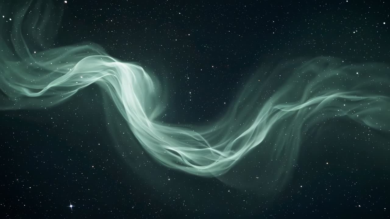Entering upper-left, translucent pale-green ribbon undulating across star field, forming calm wave