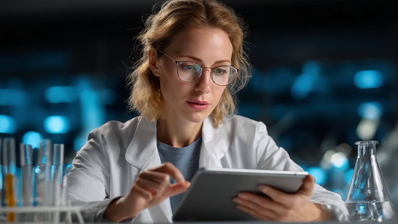 Focused Scientist Engaging with Digital Technology in a Laboratory Setting, Analyzing Data and Observing Results on a Tablet Amidst Scientific Equipment and Lab Glassware