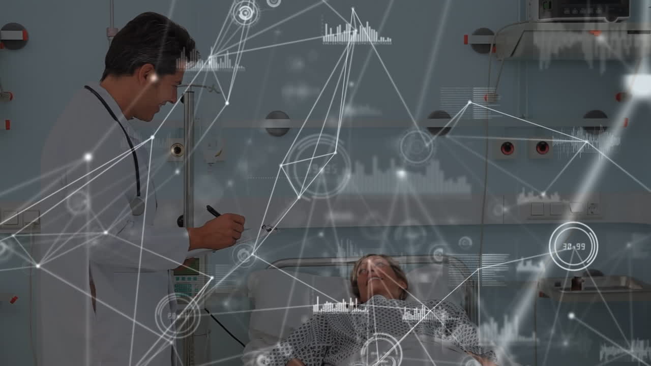 환자와 백인 남성 의사를 통한 연결 네트워크의 애니메이션