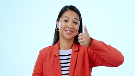 thumbs up, face and woman in a studio