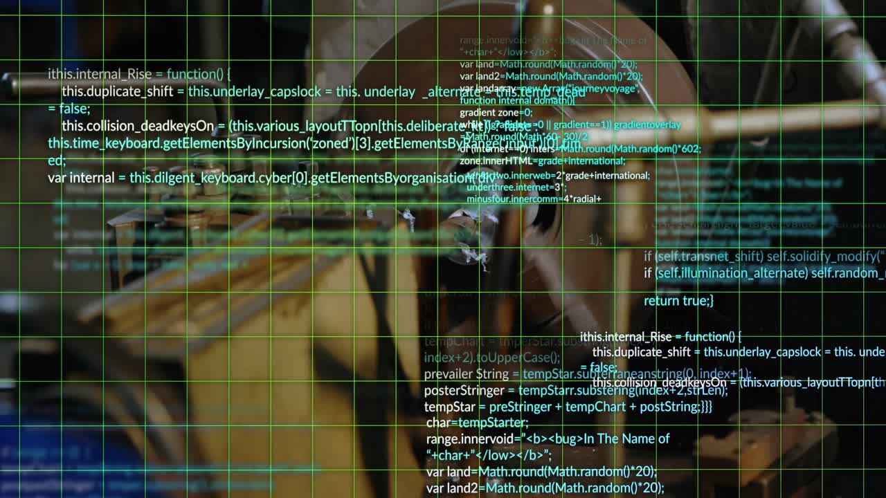Lathe chuck spinning workpiece grid overlay appearing code scrolling visualizing machining data