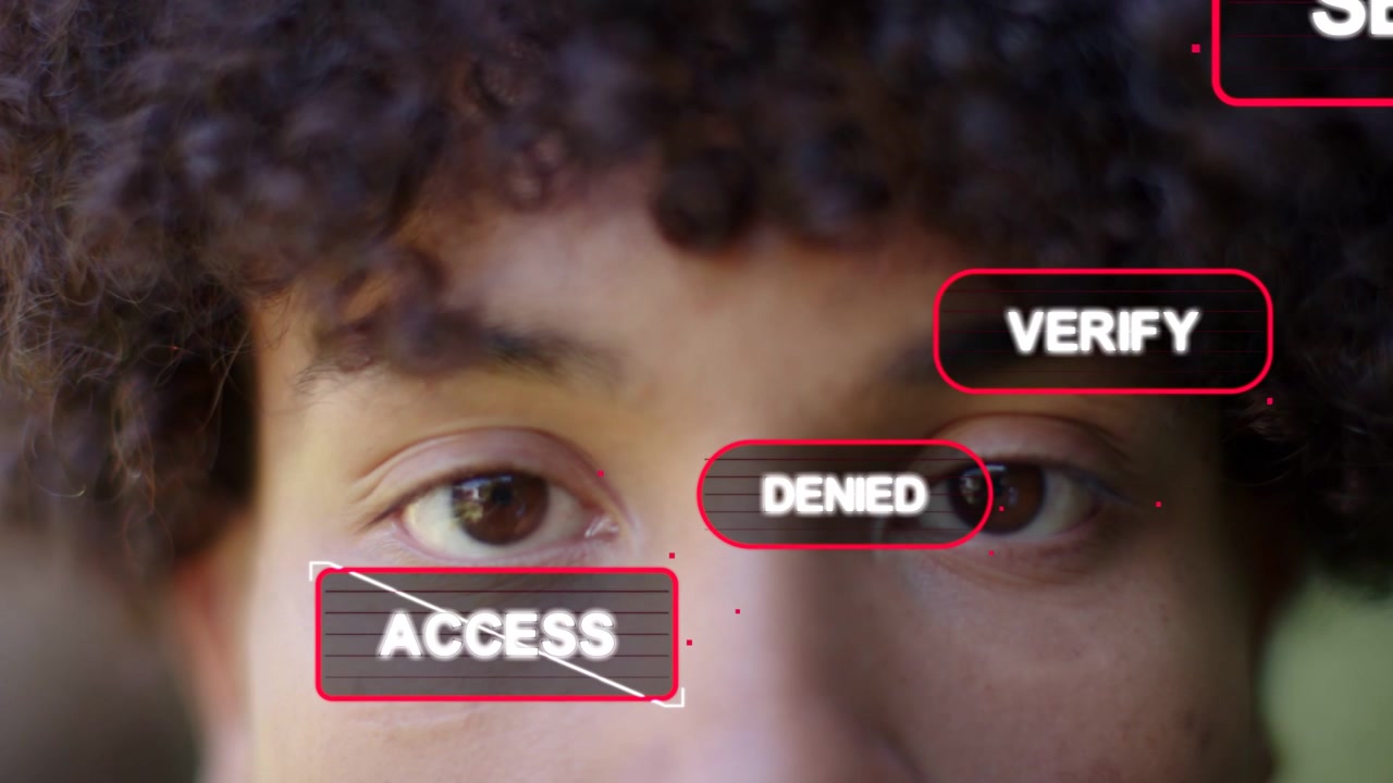 Man opening eyes, security UI sliding over face, crossing out ACCESS, showing DENIED VERIFY for ID