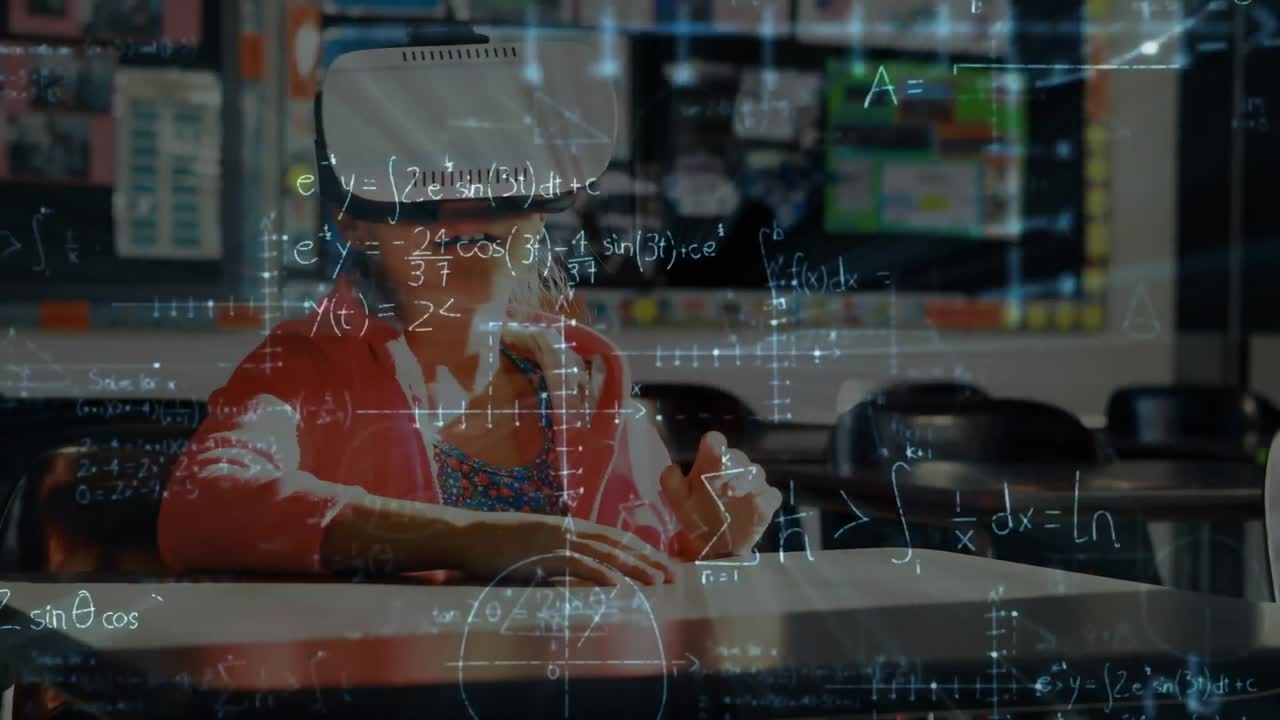 vr 헤드 ⁇ 을 사용하는 여학생에 대한 수학 수식의 애니메이션