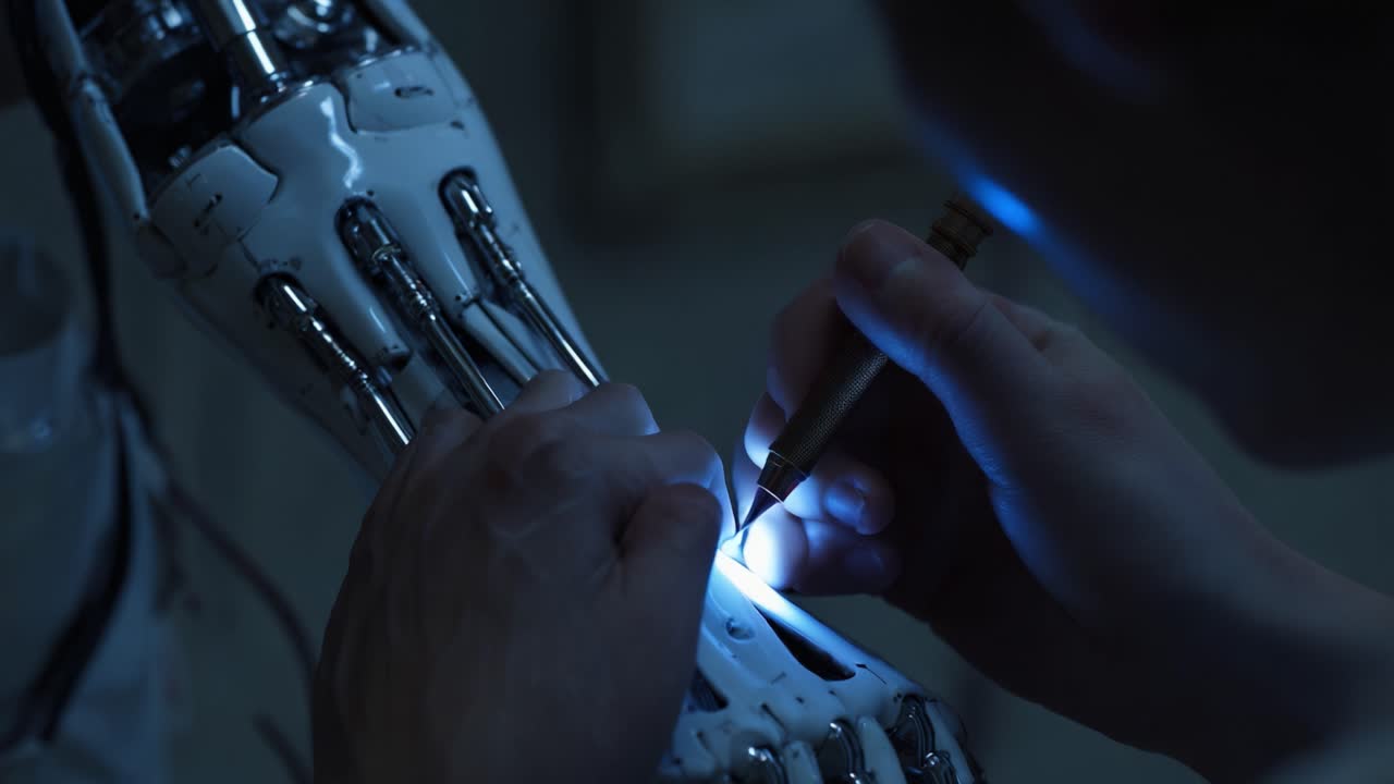 Intricate Craftsmanship: A Close-Up of a Skilled Individual Calibrating a Sophisticated Robotic Hand with Precision Tools, Showcasing the Fusion of Technology and Human Skill in Advanced Robotics Engineering